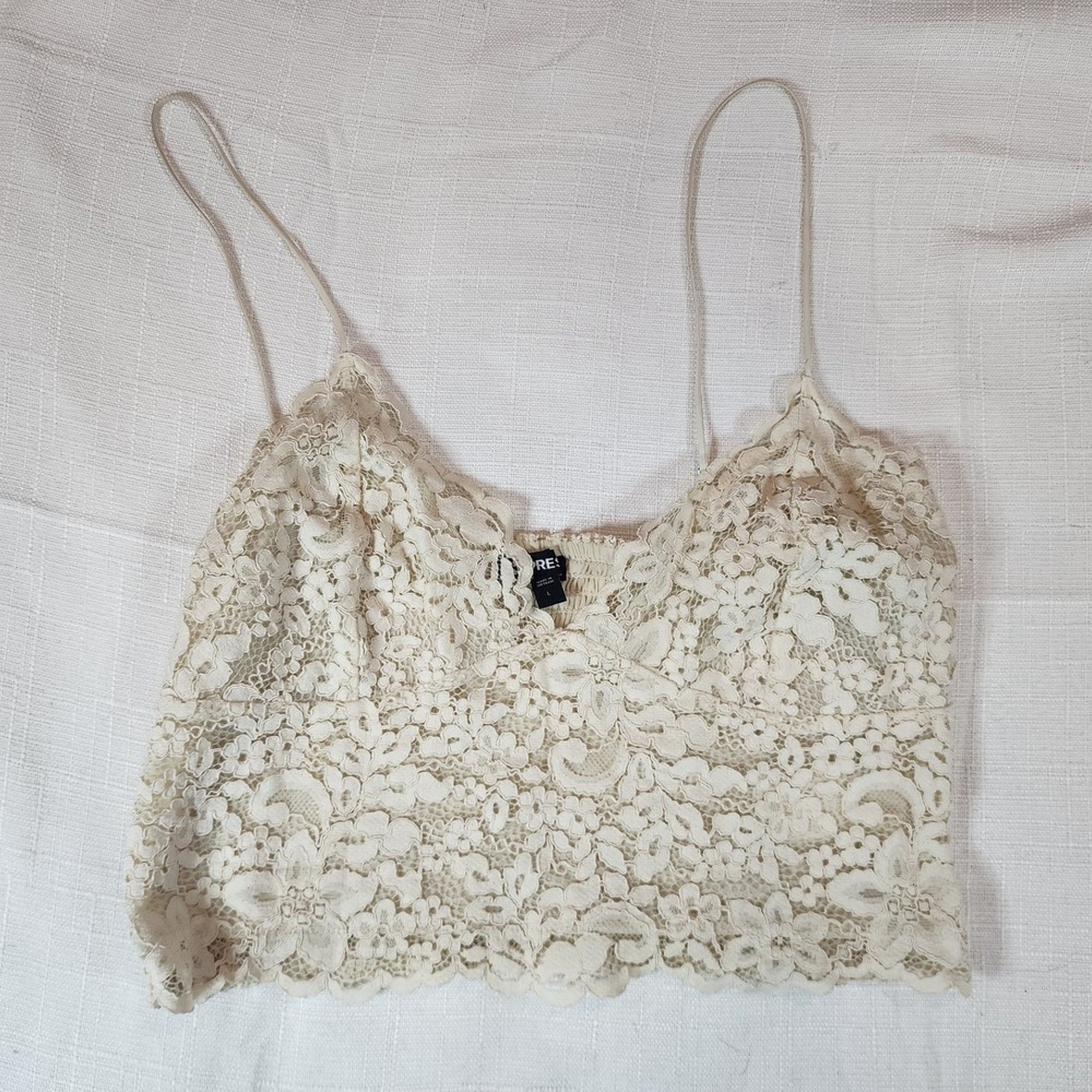 Express Floral Lace Smocked-Back Cami Crop Top Ivory Cream Large Boho Lined